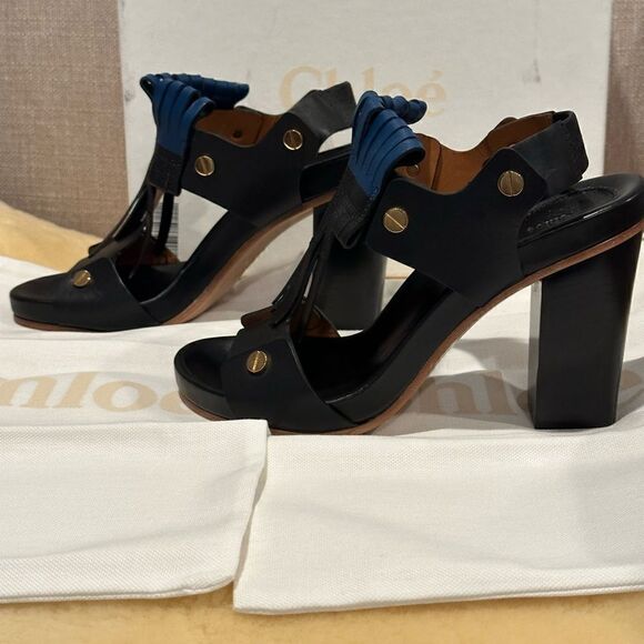 Chloe Black Leather Fringes Block Heel Sandals Size 38 - Picture 4 of 13